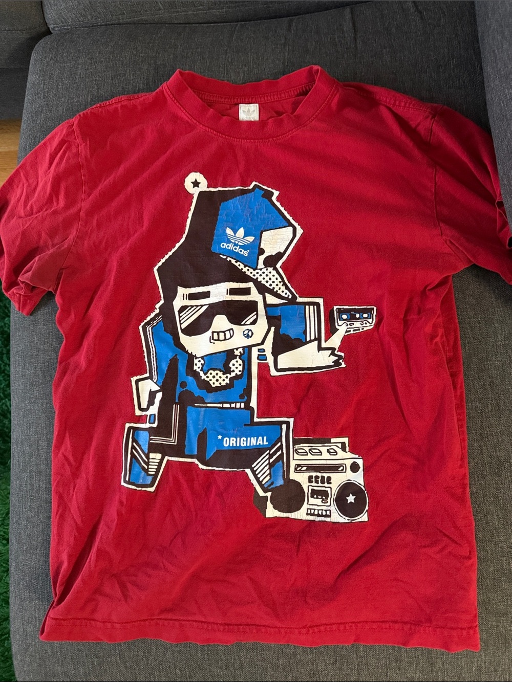 adidas Red Graphic Tee with Blue and White Cartoon Print